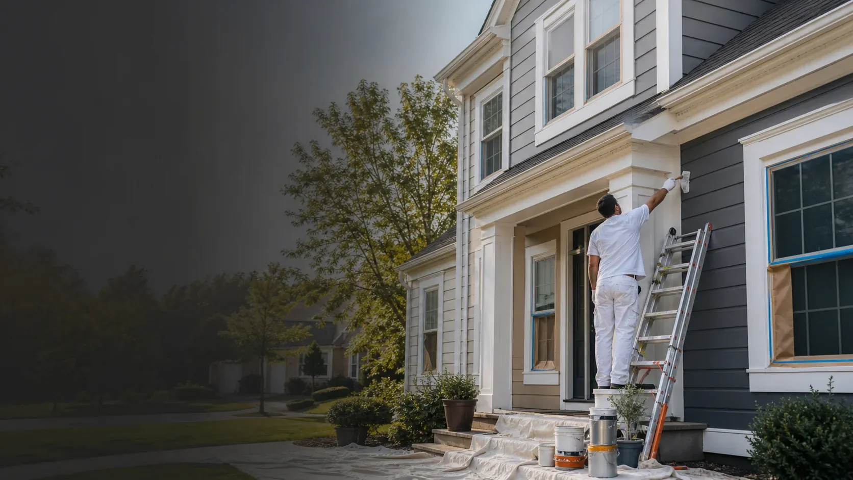 Exterior painting project with protected windows, clean drop cloths, and a painter working on trim